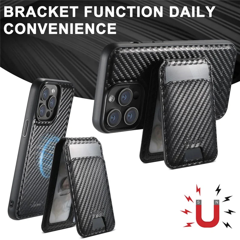 ShopCaseCart Premium Kickstand iPhone 15 Pro Max Snap-on Protective cover Carbon Fiber Texture Leather+TPU Guard with Detachable Card Bag