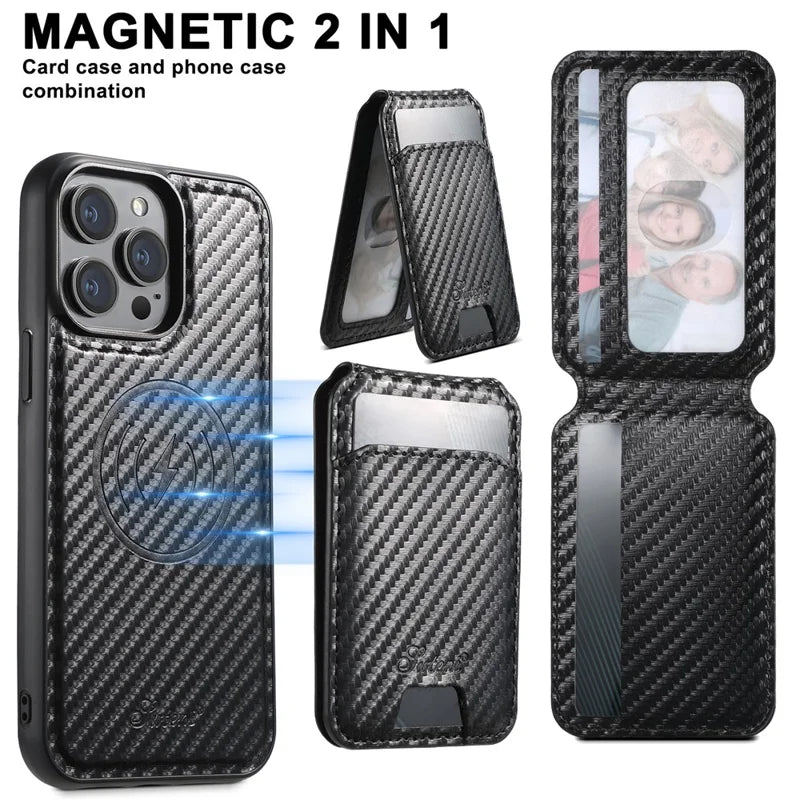 ShopCaseCart Premium Kickstand iPhone 15 Pro Max Snap-on Protective cover Carbon Fiber Texture Leather+TPU Guard with Detachable Card Bag