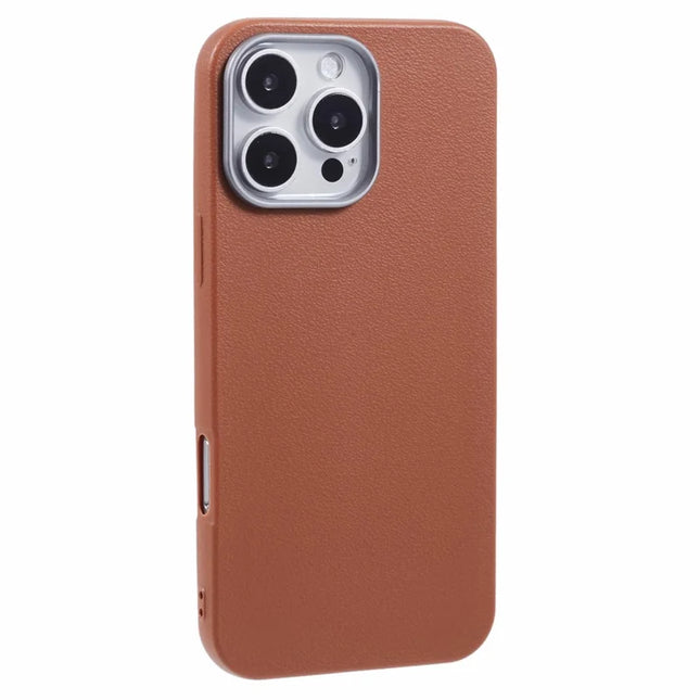 For iPhone 16 Pro Max Case Electroplating Lens Frame Textured TPU Shockproof Phone Cover - Brown