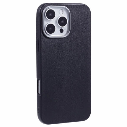For iPhone 16 Pro Max Case Electroplating Lens Frame Textured TPU Shockproof Phone Cover - Black