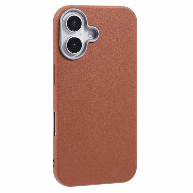 For iPhone 16 Plus Case Electroplating Lens Frame Textured TPU Shockproof Phone Cover - Brown
