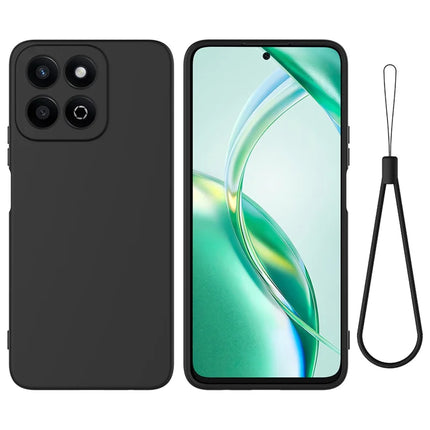 For Honor X7c 4G / 200 Smart 5G Case Liquid Silicone Anti-Scratch Phone Cover with Hand Strap - Black