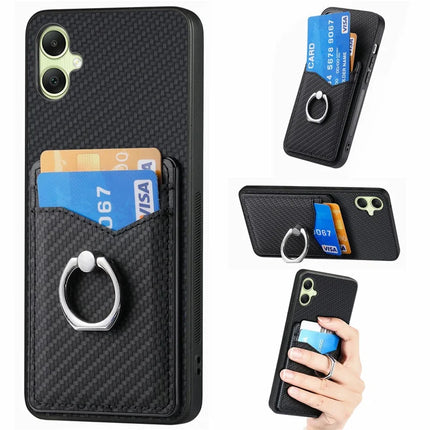 For Samsung Galaxy A06 Case Card Slots Ring Holder Kickstand Phone Cover - Black