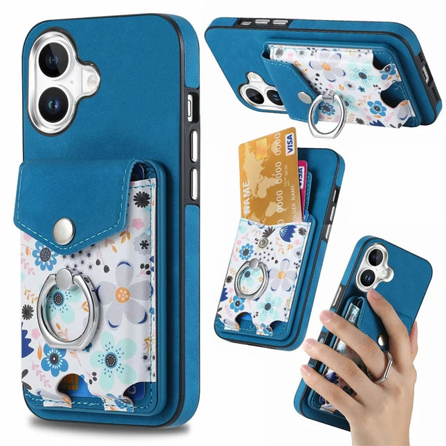 For iPhone 16 Plus Case Compatible with MagSafe Card Bag Leather+TPU Phone Cover - Blue