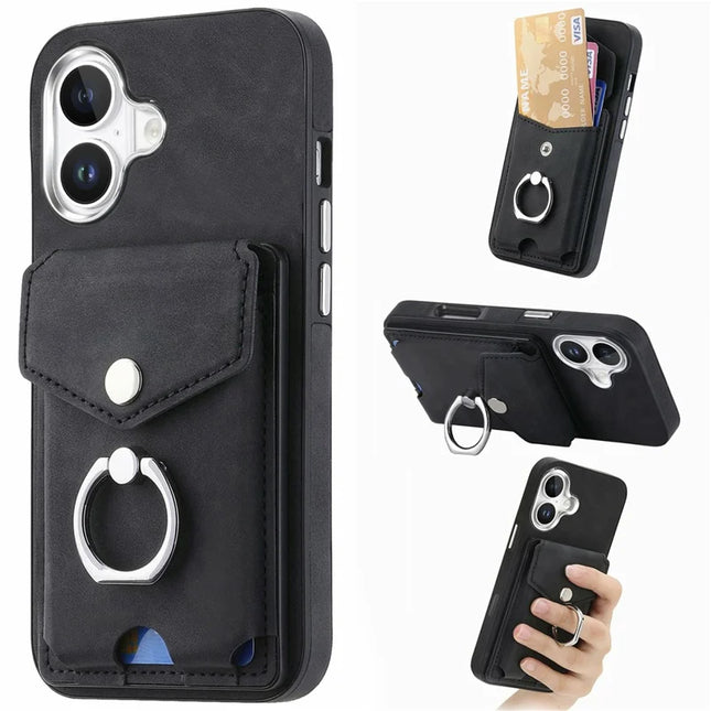For iPhone 16 Plus Case Ring Kickstand Leather Coated TPU Back Cover with Card Holder - Black