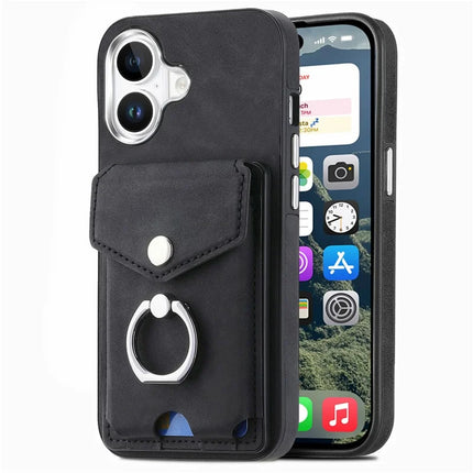 For iPhone 16 Plus Case Ring Kickstand Leather Coated TPU Back Cover with Card Holder