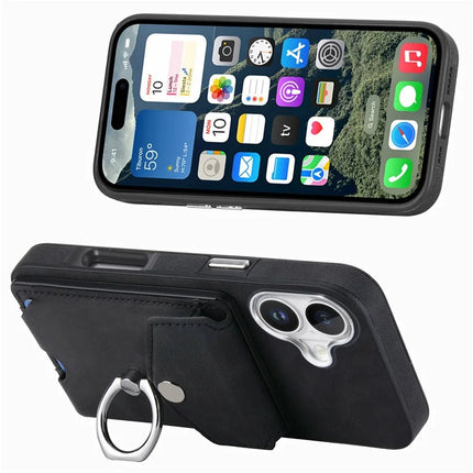 For iPhone 16 Plus Case Ring Kickstand Leather Coated TPU Back Cover with Card Holder