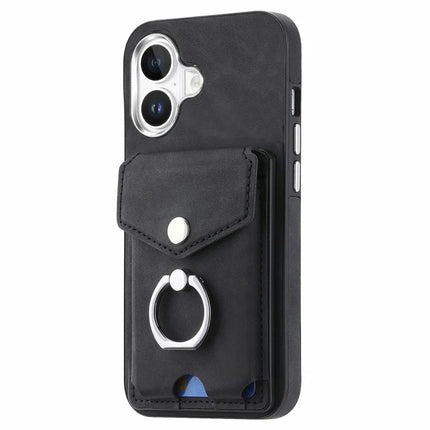 For iPhone 16 Plus Case Ring Kickstand Leather Coated TPU Back Cover with Card Holder
