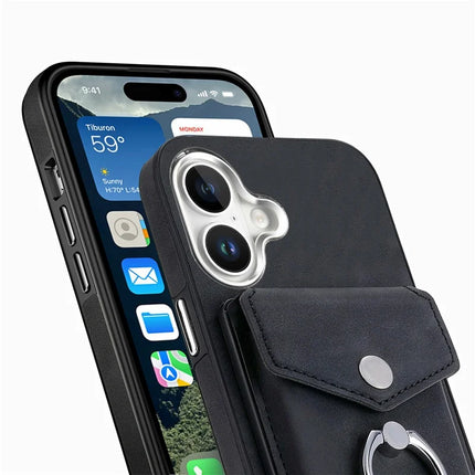 For iPhone 16 Plus Case Ring Kickstand Leather Coated TPU Back Cover with Card Holder