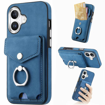 For iPhone 16 Plus Case Ring Kickstand Leather Coated TPU Back Cover with Card Holder - Blue