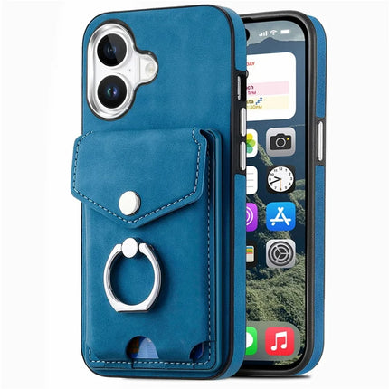 For iPhone 16 Plus Case Ring Kickstand Leather Coated TPU Back Cover with Card Holder