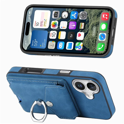 For iPhone 16 Plus Case Ring Kickstand Leather Coated TPU Back Cover with Card Holder