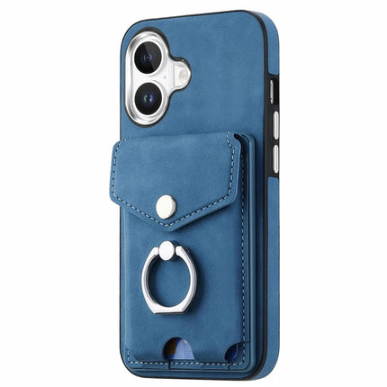 For iPhone 16 Plus Case Ring Kickstand Leather Coated TPU Back Cover with Card Holder