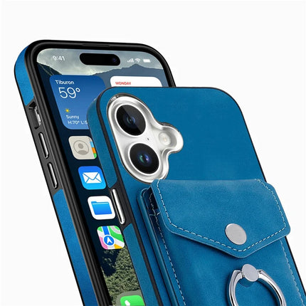 For iPhone 16 Plus Case Ring Kickstand Leather Coated TPU Back Cover with Card Holder