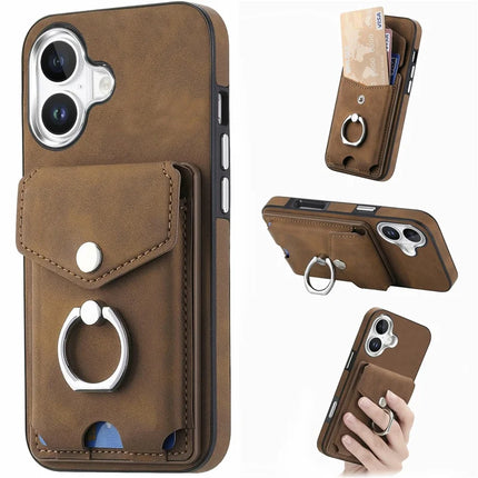 For iPhone 16 Plus Case Ring Kickstand Leather Coated TPU Back Cover with Card Holder - Brown