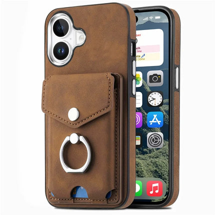 For iPhone 16 Plus Case Ring Kickstand Leather Coated TPU Back Cover with Card Holder