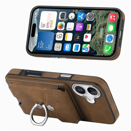 For iPhone 16 Plus Case Ring Kickstand Leather Coated TPU Back Cover with Card Holder