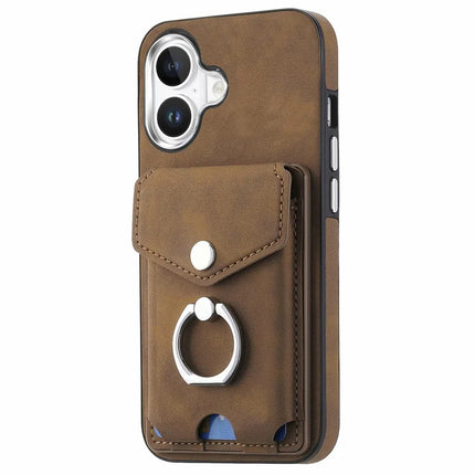For iPhone 16 Plus Case Ring Kickstand Leather Coated TPU Back Cover with Card Holder