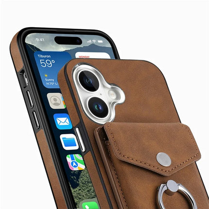 For iPhone 16 Plus Case Ring Kickstand Leather Coated TPU Back Cover with Card Holder