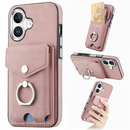 For iPhone 16 Plus Case Ring Kickstand Leather Coated TPU Back Cover with Card Holder - Pink