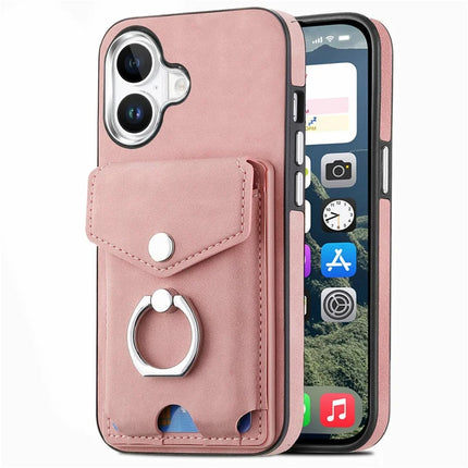 For iPhone 16 Plus Case Ring Kickstand Leather Coated TPU Back Cover with Card Holder