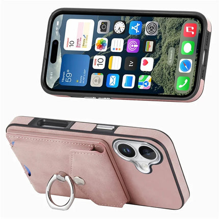 For iPhone 16 Plus Case Ring Kickstand Leather Coated TPU Back Cover with Card Holder