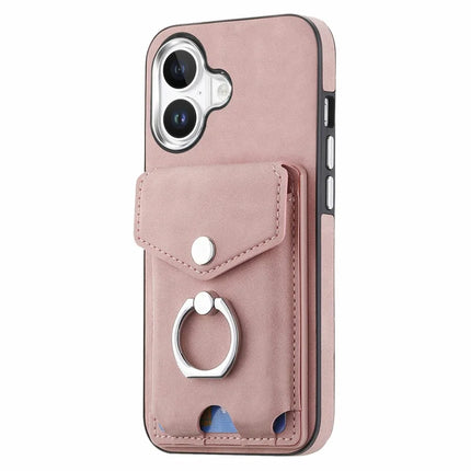 For iPhone 16 Plus Case Ring Kickstand Leather Coated TPU Back Cover with Card Holder