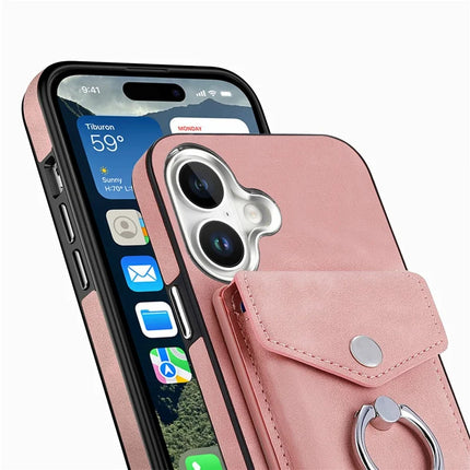 For iPhone 16 Plus Case Ring Kickstand Leather Coated TPU Back Cover with Card Holder