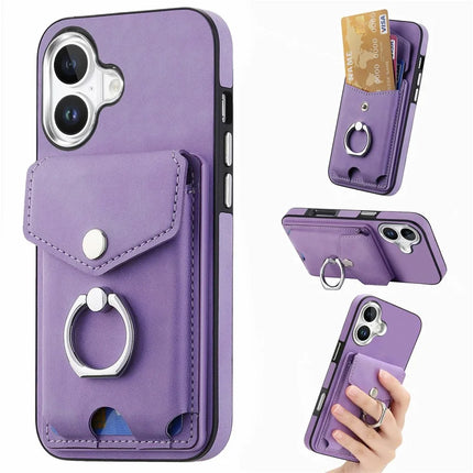 For iPhone 16 Plus Case Ring Kickstand Leather Coated TPU Back Cover with Card Holder - Purple