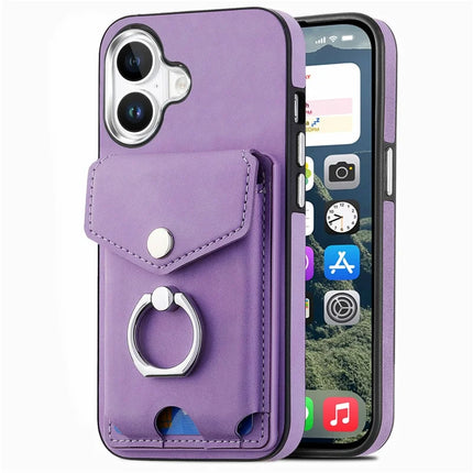 For iPhone 16 Plus Case Ring Kickstand Leather Coated TPU Back Cover with Card Holder