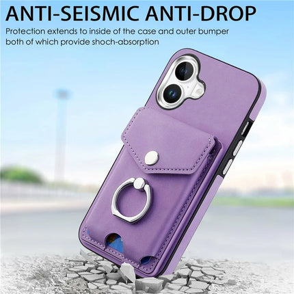 For iPhone 16 Plus Case Ring Kickstand Leather Coated TPU Back Cover with Card Holder