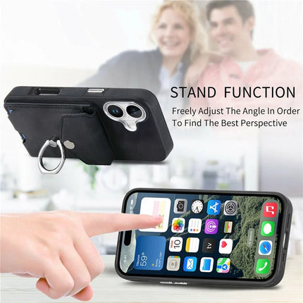 For iPhone 16 Plus Case Ring Kickstand Leather Coated TPU Back Cover with Card Holder