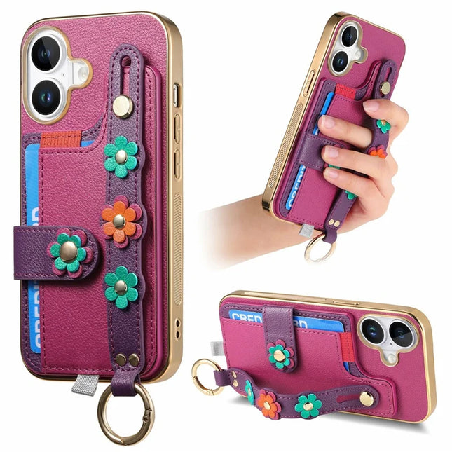 For iPhone 16 Plus Case Card Holder Leather Back Cover 3D Flower Wristband - Purple