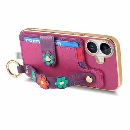 For iPhone 16 Plus Case Card Holder Leather Back Cover 3D Flower Wristband