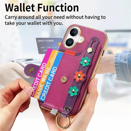 For iPhone 16 Plus Case Card Holder Leather Back Cover 3D Flower Wristband