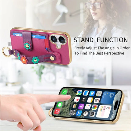For iPhone 16 Plus Case Card Holder Leather Back Cover 3D Flower Wristband