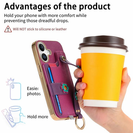 For iPhone 16 Plus Case Card Holder Leather Back Cover 3D Flower Wristband
