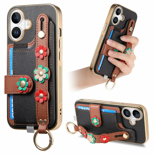 For iPhone 16 Plus Case Card Holder Leather Back Cover 3D Flower Wristband - Black