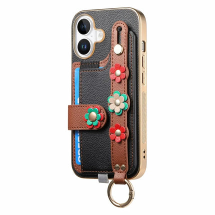 For iPhone 16 Plus Case Card Holder Leather Back Cover 3D Flower Wristband
