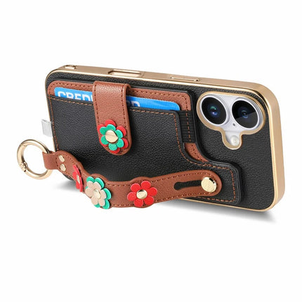 For iPhone 16 Plus Case Card Holder Leather Back Cover 3D Flower Wristband