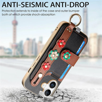 For iPhone 16 Plus Case Card Holder Leather Back Cover 3D Flower Wristband