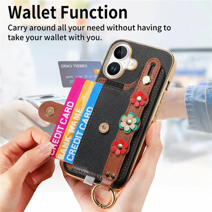 For iPhone 16 Plus Case Card Holder Leather Back Cover 3D Flower Wristband