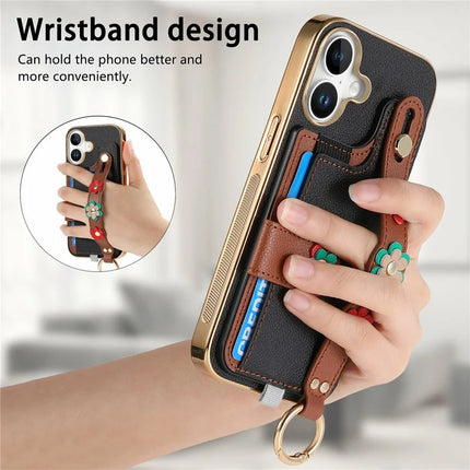 For iPhone 16 Plus Case Card Holder Leather Back Cover 3D Flower Wristband