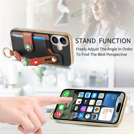 For iPhone 16 Plus Case Card Holder Leather Back Cover 3D Flower Wristband