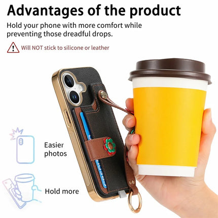 For iPhone 16 Plus Case Card Holder Leather Back Cover 3D Flower Wristband