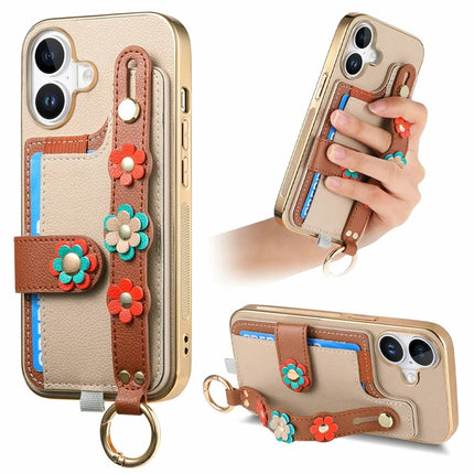 For iPhone 16 Plus Case Card Holder Leather Back Cover 3D Flower Wristband - Khaki