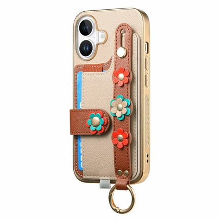 For iPhone 16 Plus Case Card Holder Leather Back Cover 3D Flower Wristband