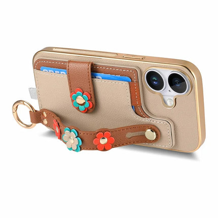 For iPhone 16 Plus Case Card Holder Leather Back Cover 3D Flower Wristband