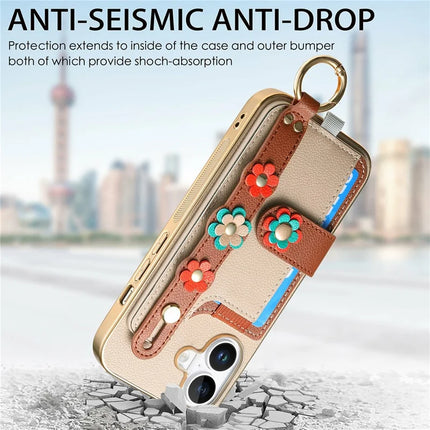 For iPhone 16 Plus Case Card Holder Leather Back Cover 3D Flower Wristband