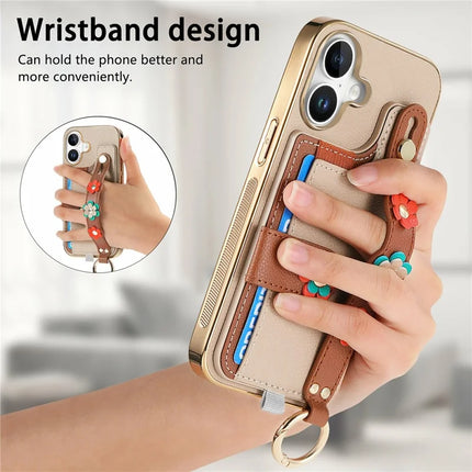 For iPhone 16 Plus Case Card Holder Leather Back Cover 3D Flower Wristband